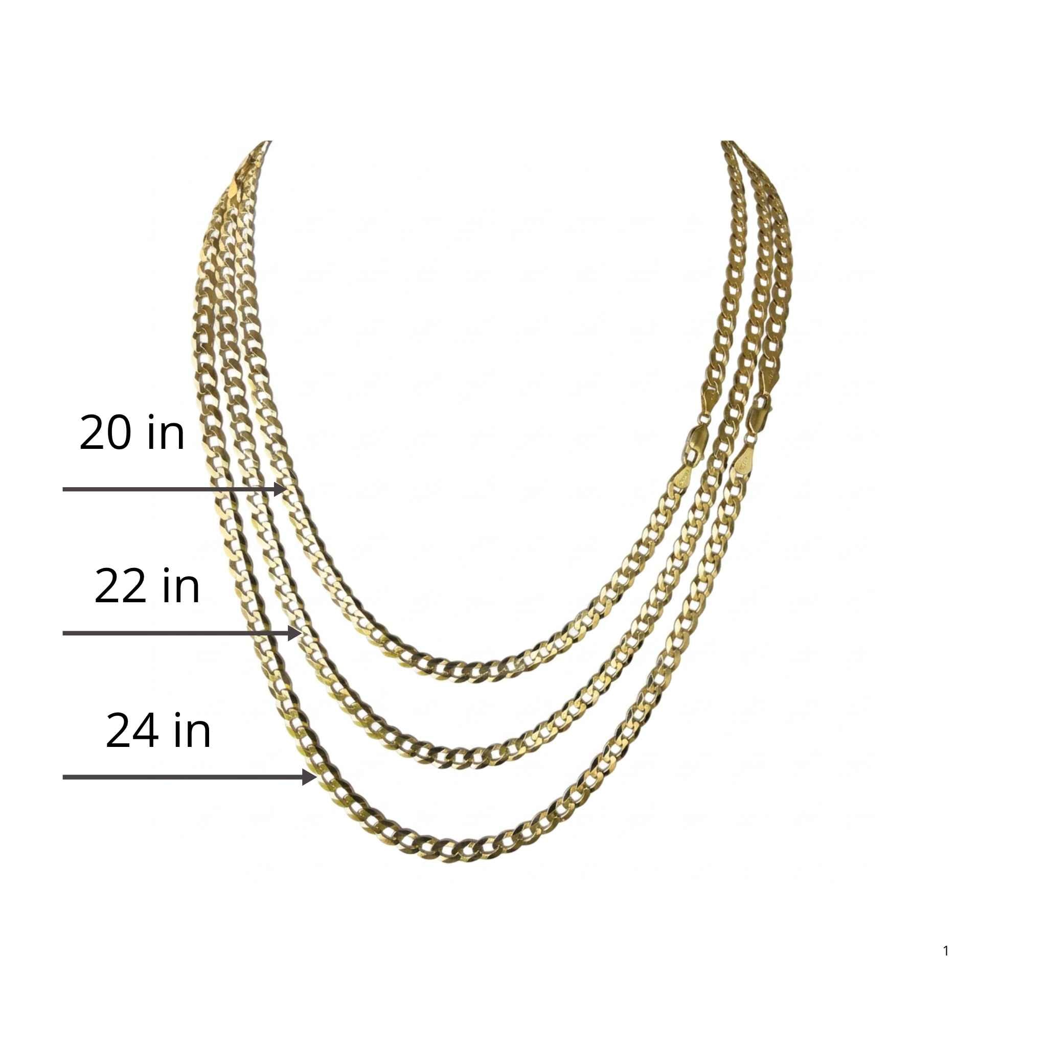 Comparación de la Cadena Cubano-Italiana de oro 10K de 5.3 mm en largos de 20, 22 y 24 pulgadas, TuOro.