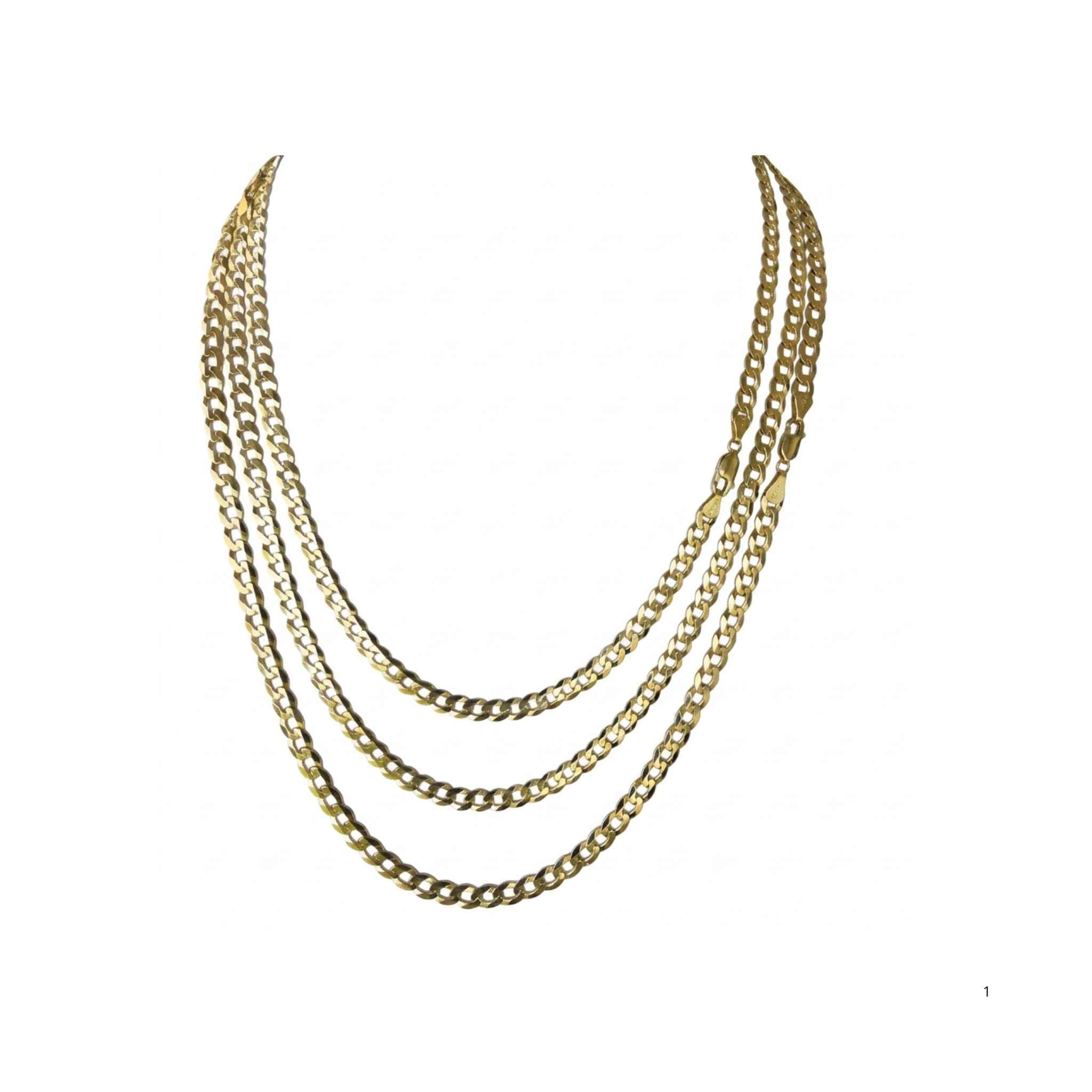 Tres cadenas Cubano-Italianas de oro amarillo 10K de 5.3 mm en diferentes largos sobre fondo blanco, TuOro.
