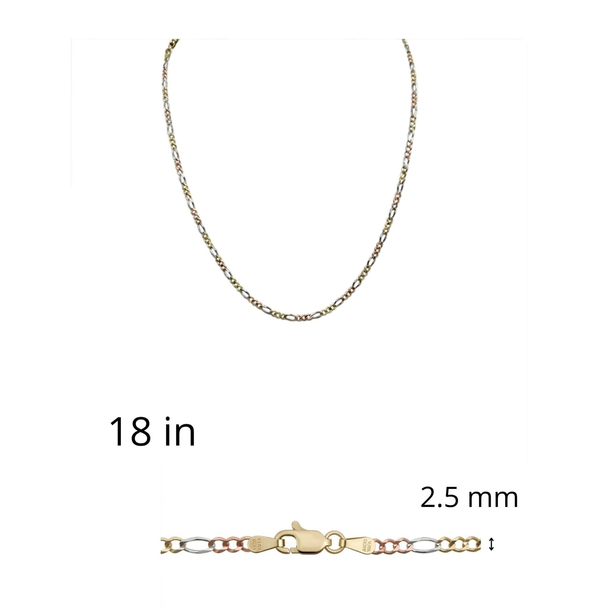 Cadena Fígaro tricolor de Oro 14K de 2.5 mm y 18 pulgadas de largo, disponible en TuOro®