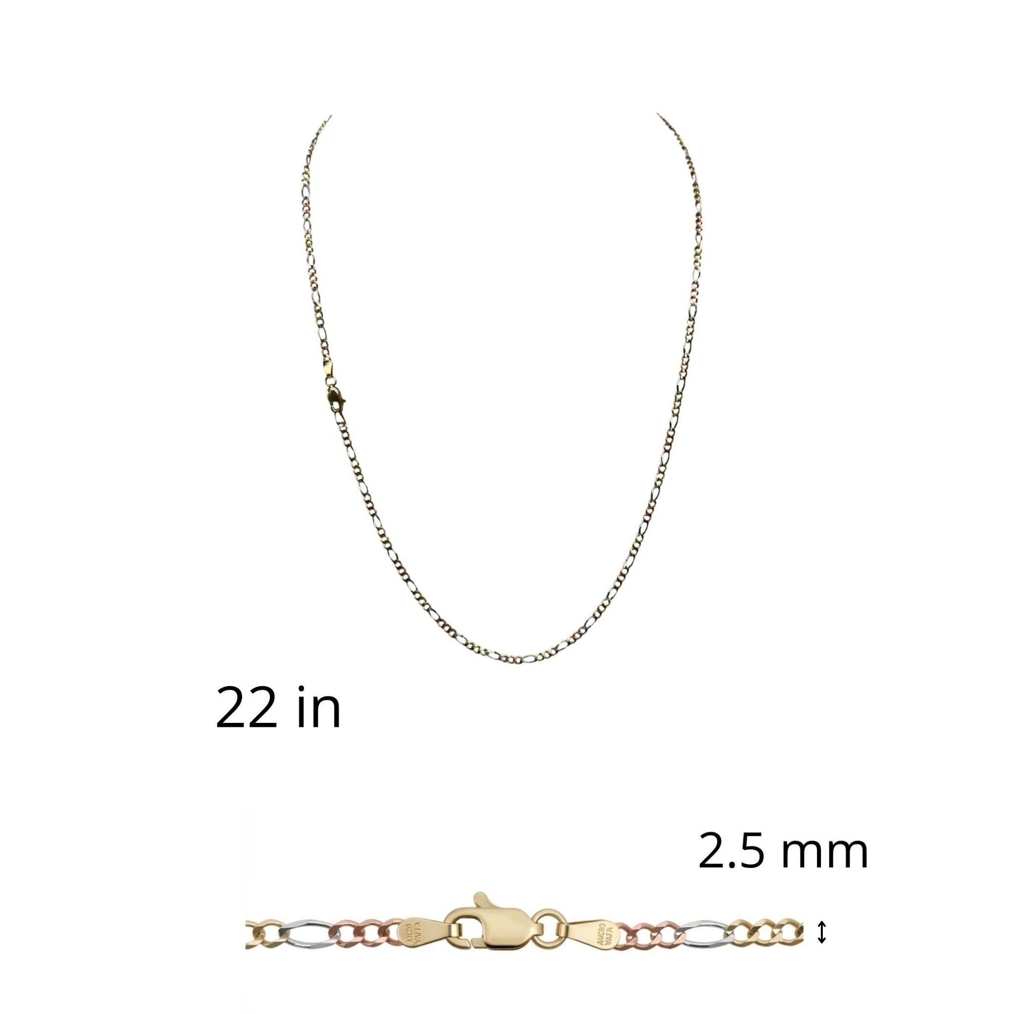 Cadena Fígaro tricolor de Oro 14K de 2.5 mm y 22 pulgadas de largo, disponible en TuOro®