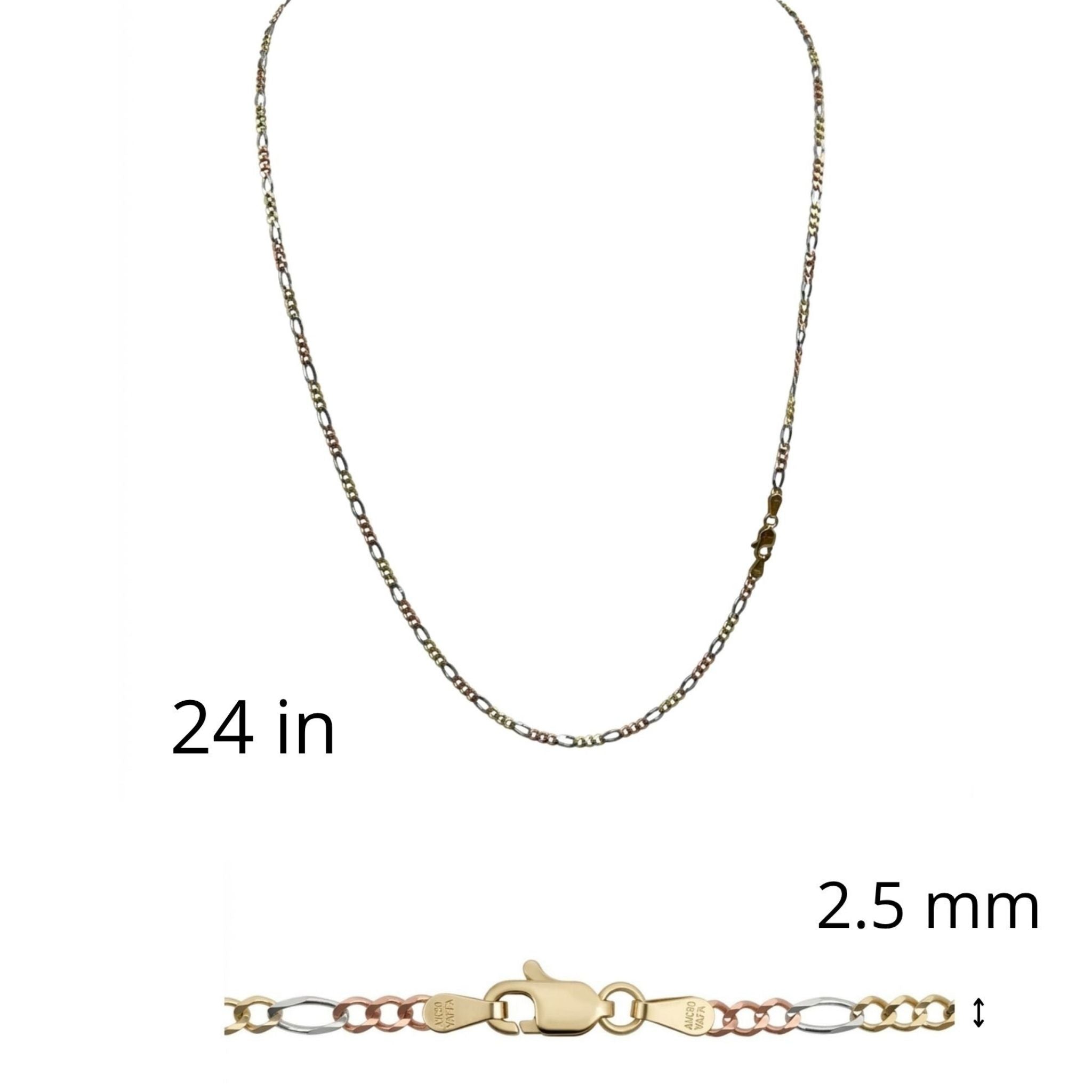Cadena Fígaro tricolor de Oro 14K de 2.5 mm y 24 pulgadas de largo, disponible en TuOro®