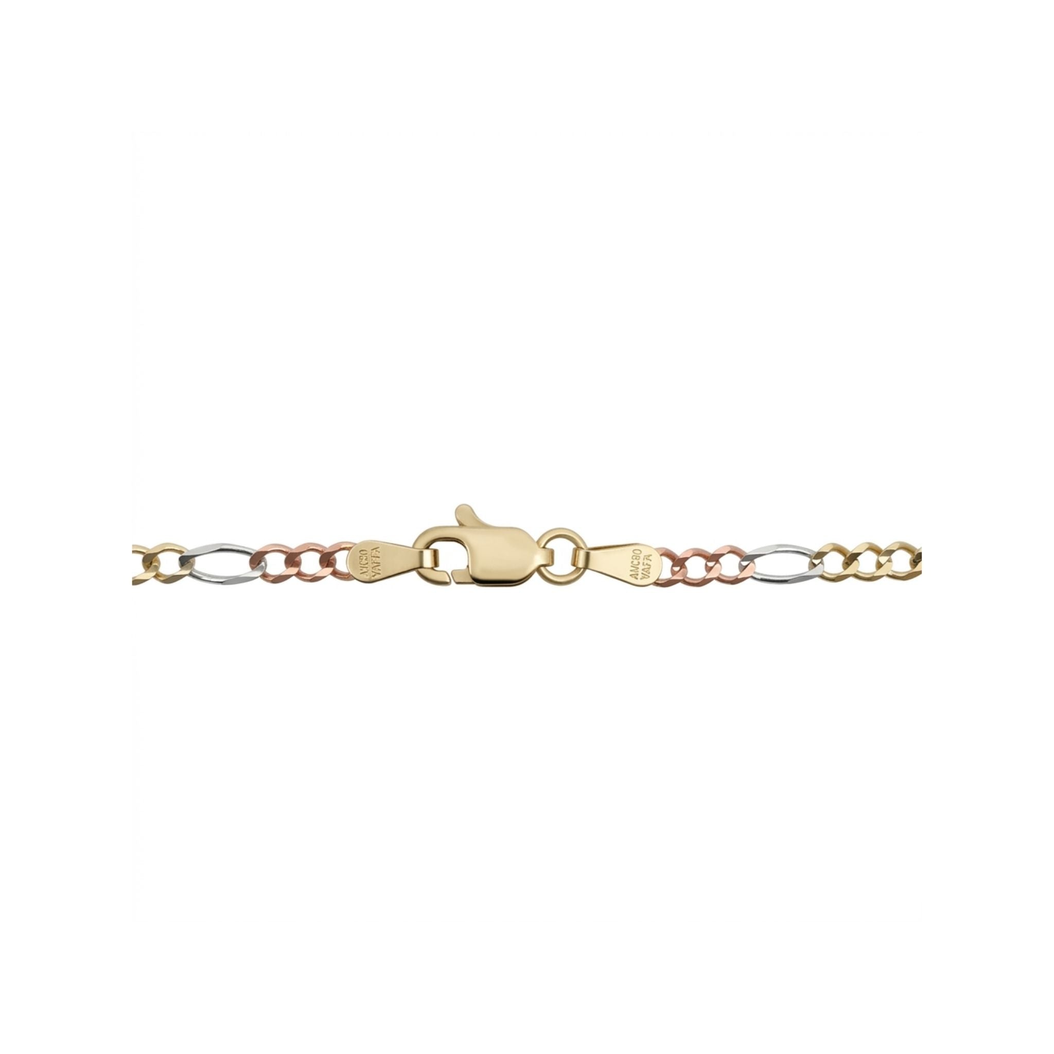 Detalle de Cadena Fígaro tricolor de Oro 14K de 2.5 mm con diseño de tres tonos, de TuOro®