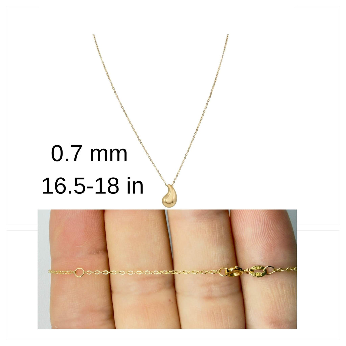 Cadena fina de oro 10K TuOro con pequeño dije de Gota Lisa, grosor de 0.6 mm, largo ajustable y detalle del cierre.