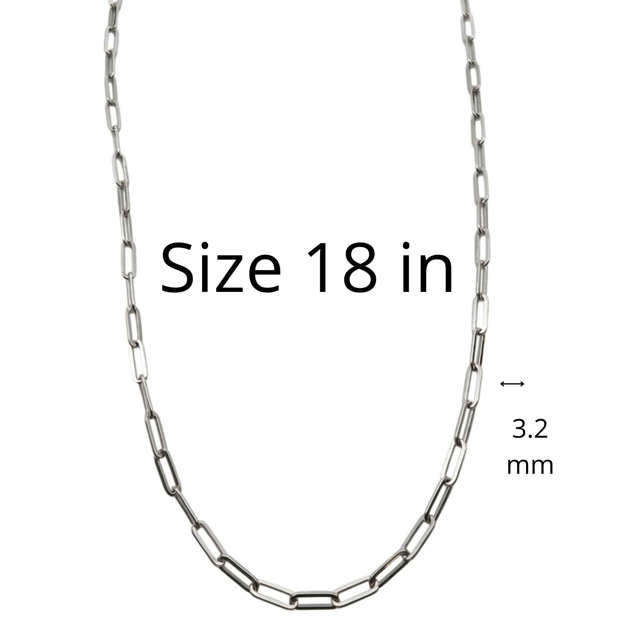 Cadena Paperclip con rodio de Plata 925 de 3.2 mm de TuOro mostrando detalles de medidas 18 in, sobre fondo blanco con acabado brillante tipo rodio.