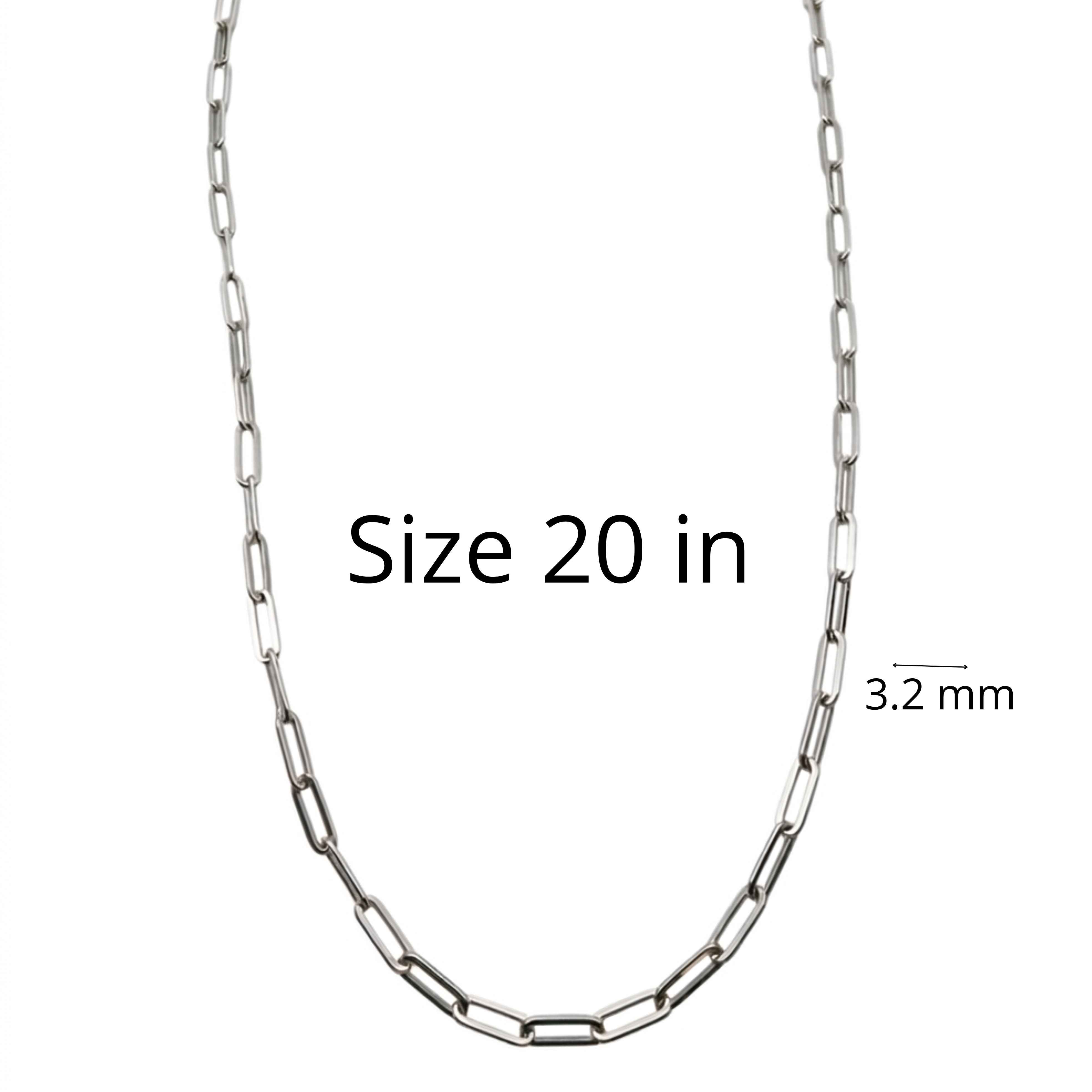 Cadena Paperclip con rodio de Plata 925 de 3.2 mm de TuOro mostrando detalles de medidas 20 in, sobre fondo blanco con acabado brillante tipo rodio.