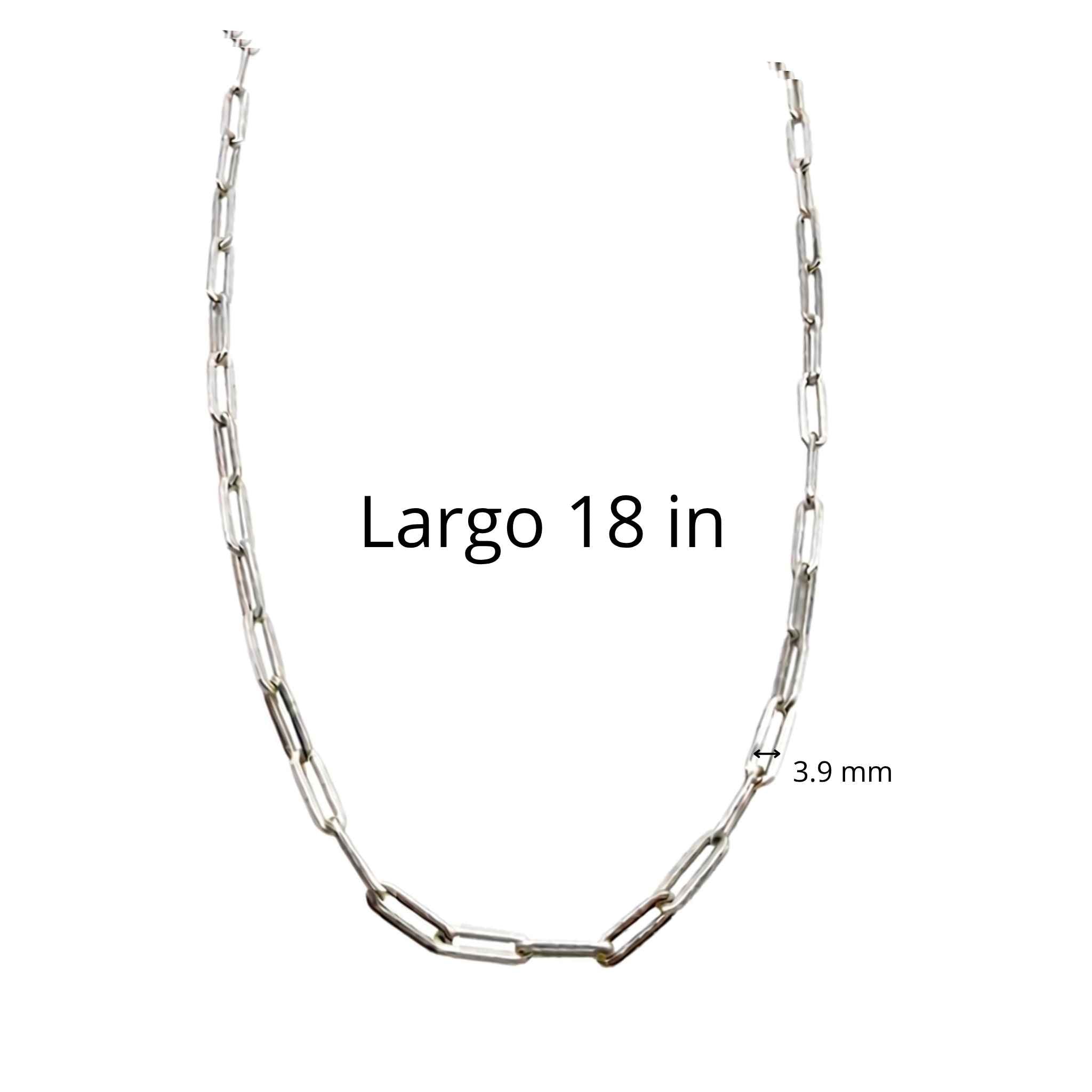 Cadena Paperclip con rodio de Plata 925 de 3.9 mm de TuOro sobre fondo blanco premium mostrando medidas 18 in  y acabado brillante en plata esterlina.