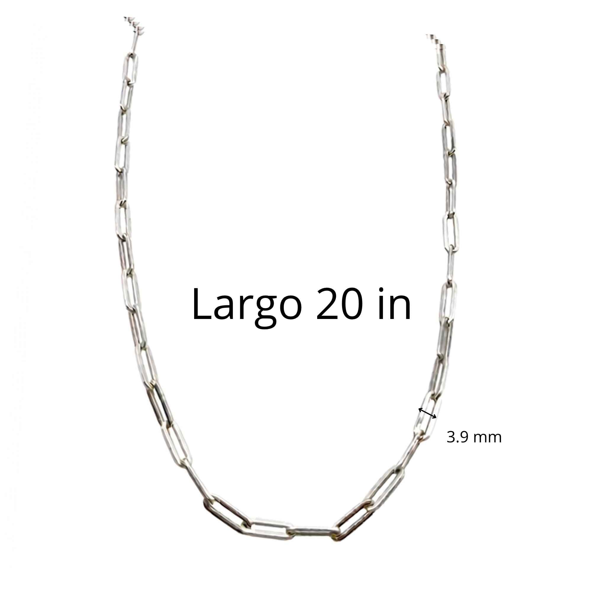 Cadena Paperclip con rodio de Plata 925 de 3.9 mm de TuOro sobre fondo blanco premium mostrando medidas 20 in  y acabado brillante en plata esterlina
