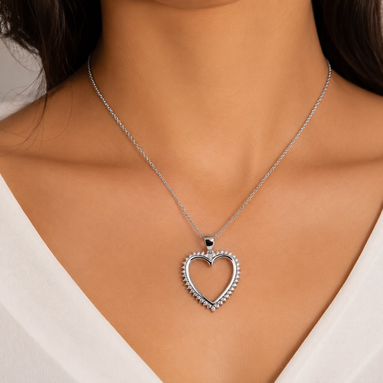 Mujer elegante luciendo dije de corazón en Plata 925 con Rodio y circonias y cadena dorada fina - TuOro