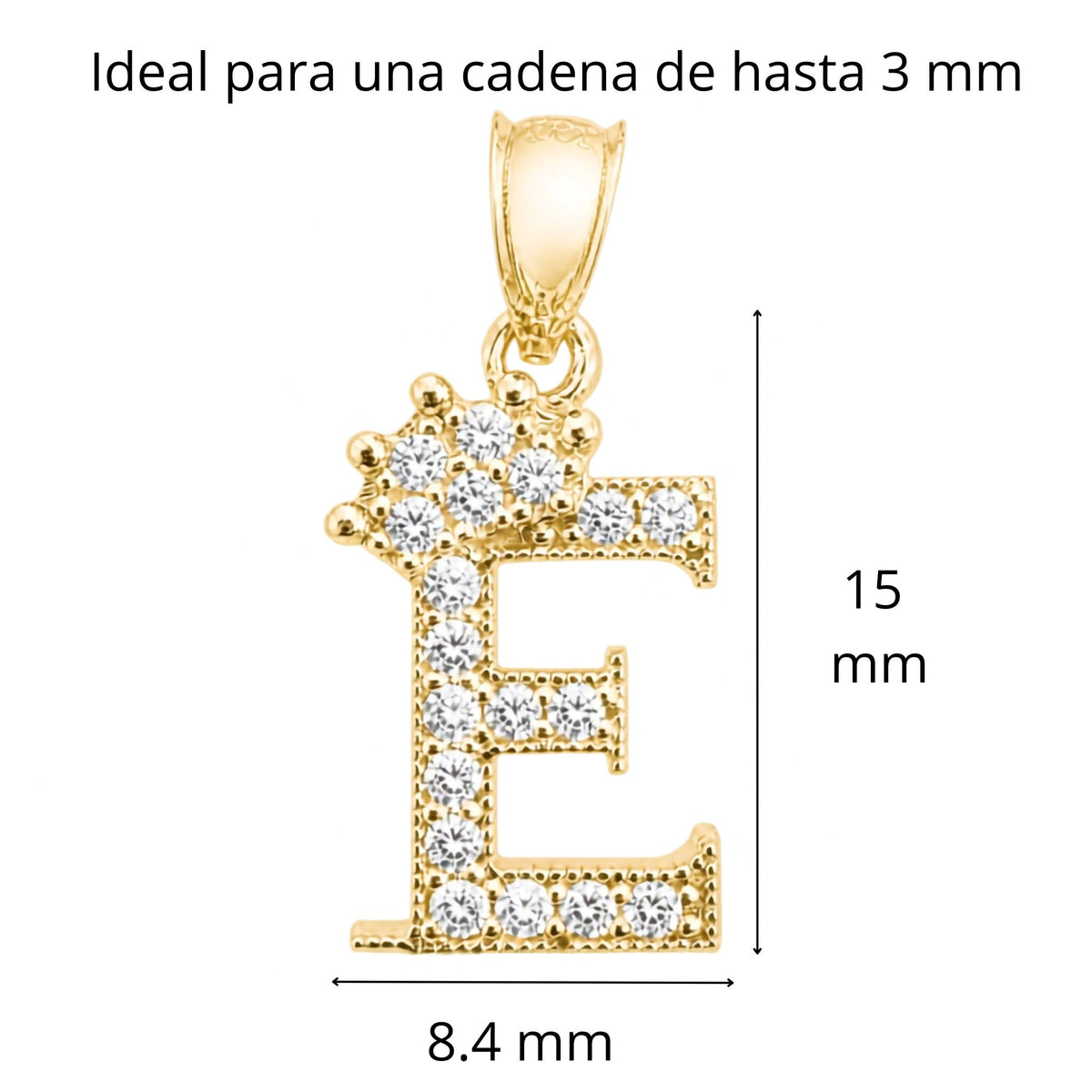 Dije de letra E en Oro 10K con corona y circonias, 15 × 8.4 mm, TuOro®