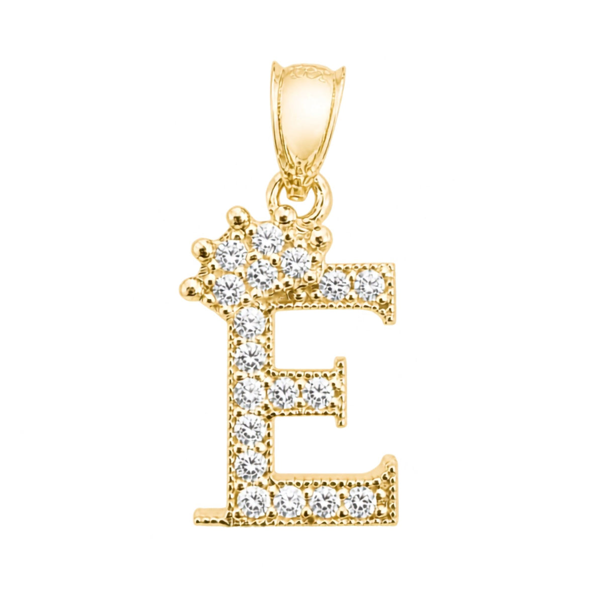 Dije de letra E con corona y circonias en Oro 10K, diseño de inicial TuOro®