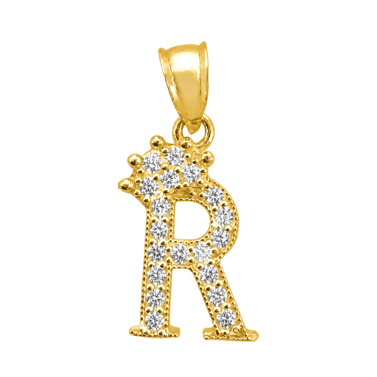 Dije de letra R en Oro 10K con corona y circonias brillantes, joyería TuOro®