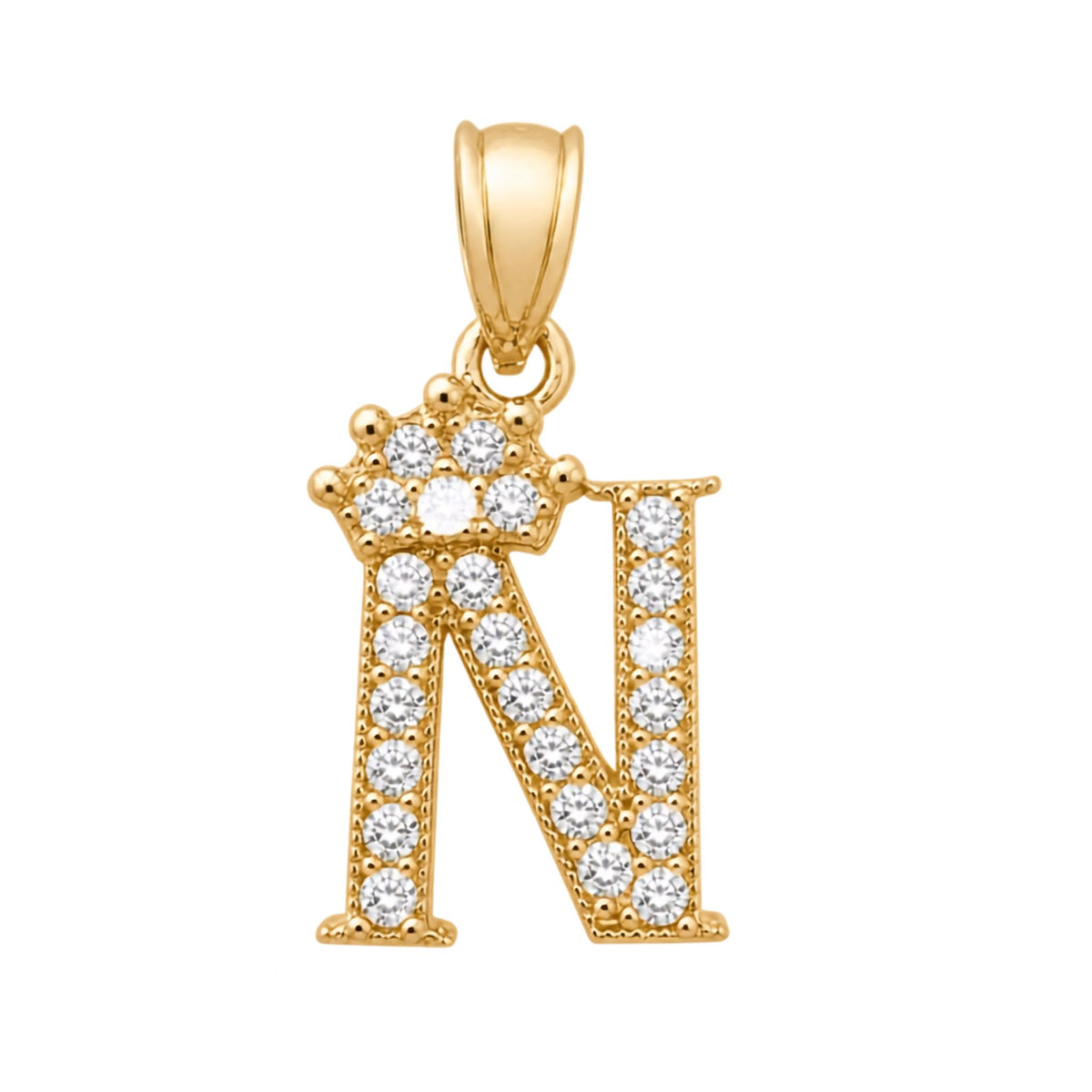Dije de letra N con corona y circonias en Oro 10K, diseño de inicial de TuOro®
