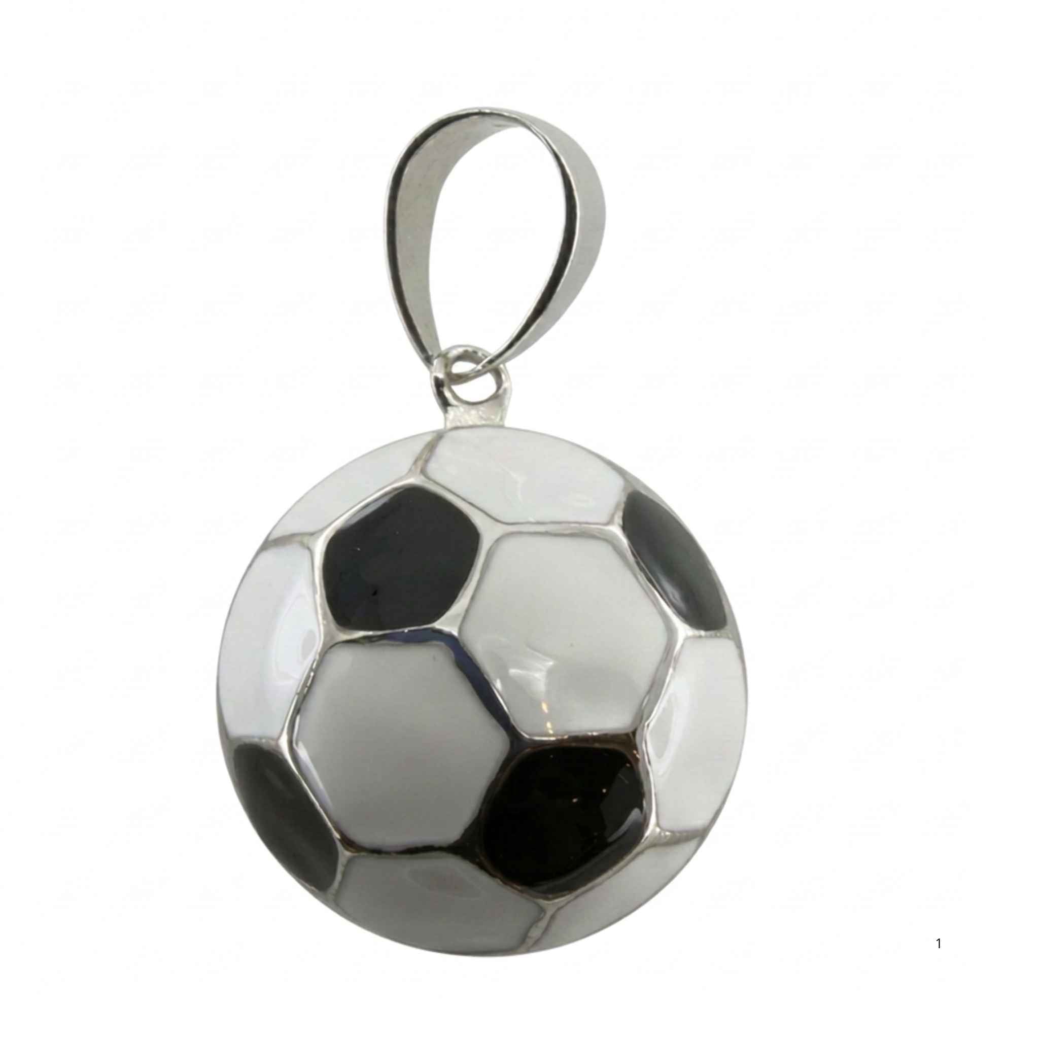 Vista frontal de dije de pelota de fútbol en Plata 925 esterlina con detalles esmaltados en negro, colección TuOro.