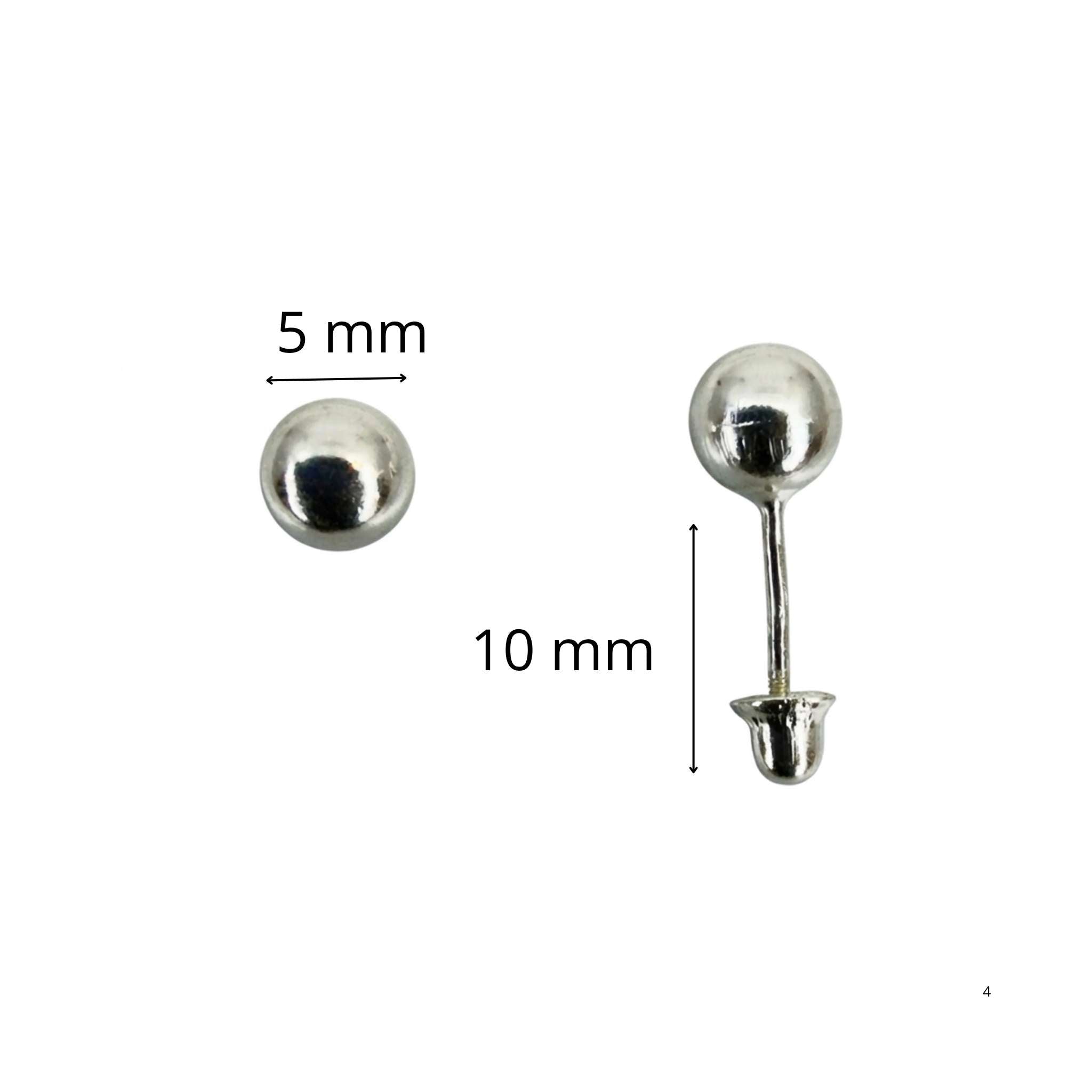 Dormilonas de Plata 925 tipo Esfera con Rosca de Seguridad de 5 mm mostrando la esfera pulida y el cierre de rosca seguro · TuOro