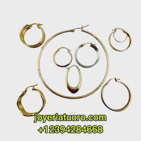 “Video corto que muestra variedad de argollas en oro 14K con diferentes diseños: lisos, bicolor con circonias, texturizados, ovalados, concéntricos, meandro y de forma fina extragrande.”