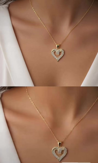 video Mujer elegante luciendo dije de corazón en Plata 925 dorada con circonias y cadena dorada fina - TuOro