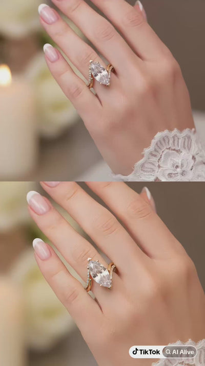 Video corto mostrando Detalle del anillo de compromiso marquesa en Oro 10K en la mano, resaltando su forma estilizada. TuOro.