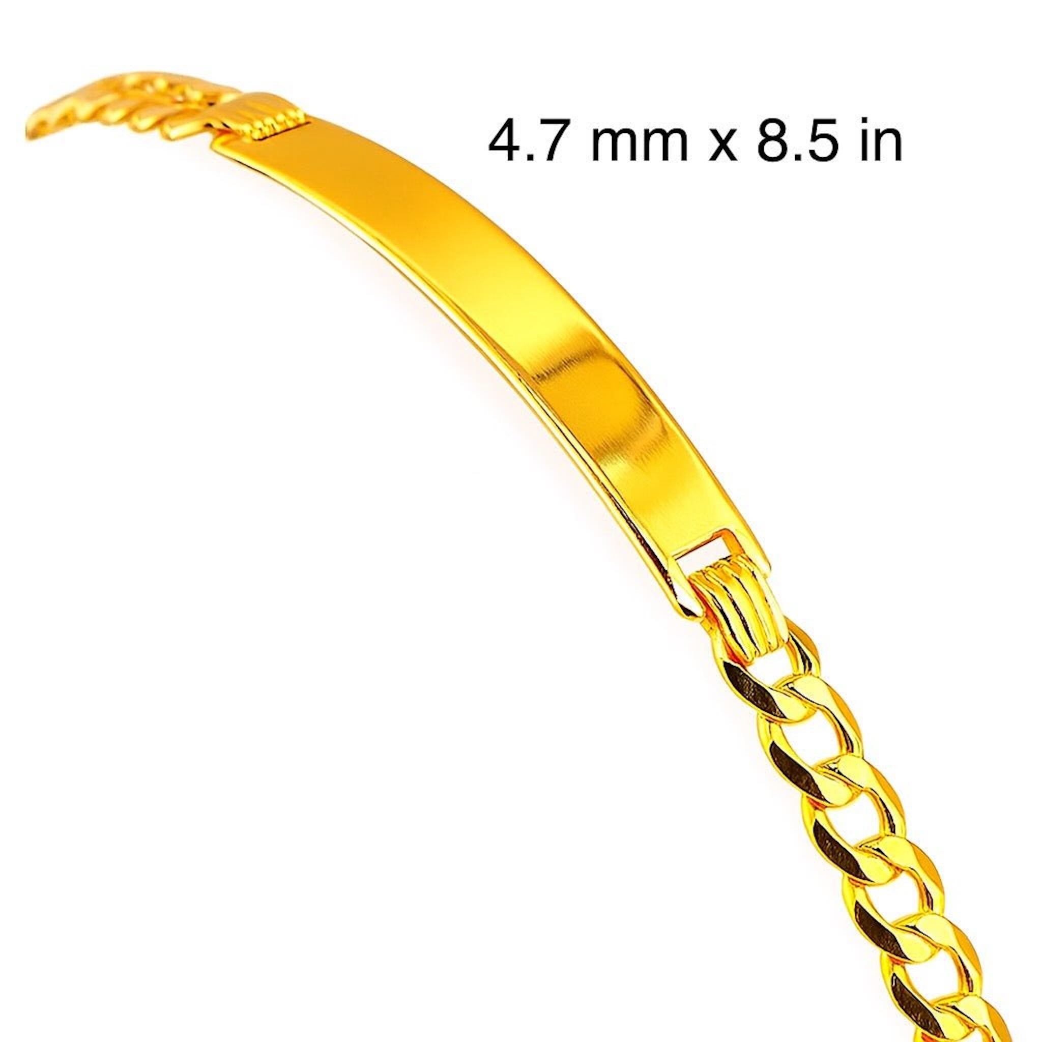 Pulsera cadena cubana italiana en Oro 14K con placa central, Mostrando las medidas.8.5 pulgadas. TuOro.