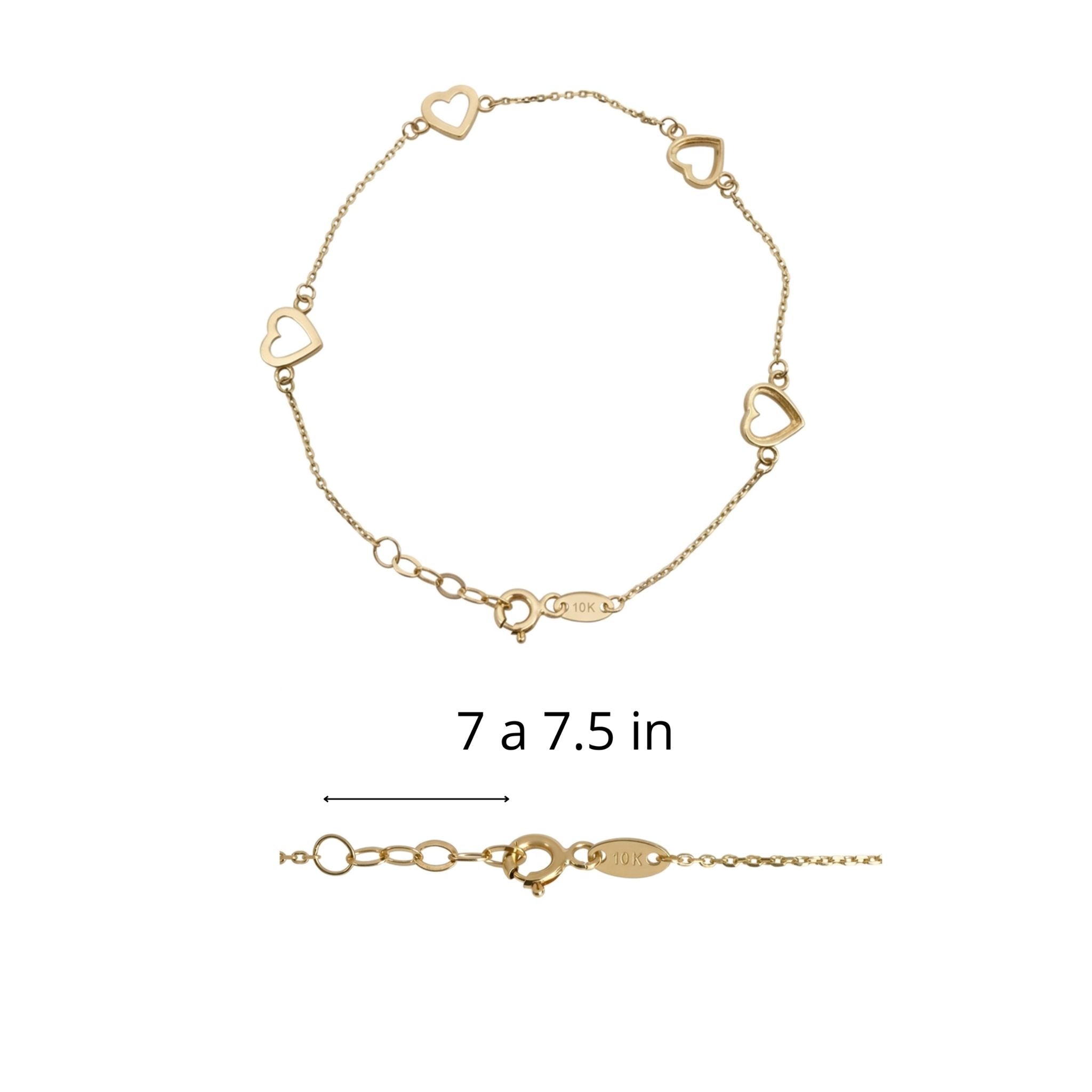 Pulsera de oro 10K para mujer con corazones y largo ajustable de 7 a 7.5 pulgadas.