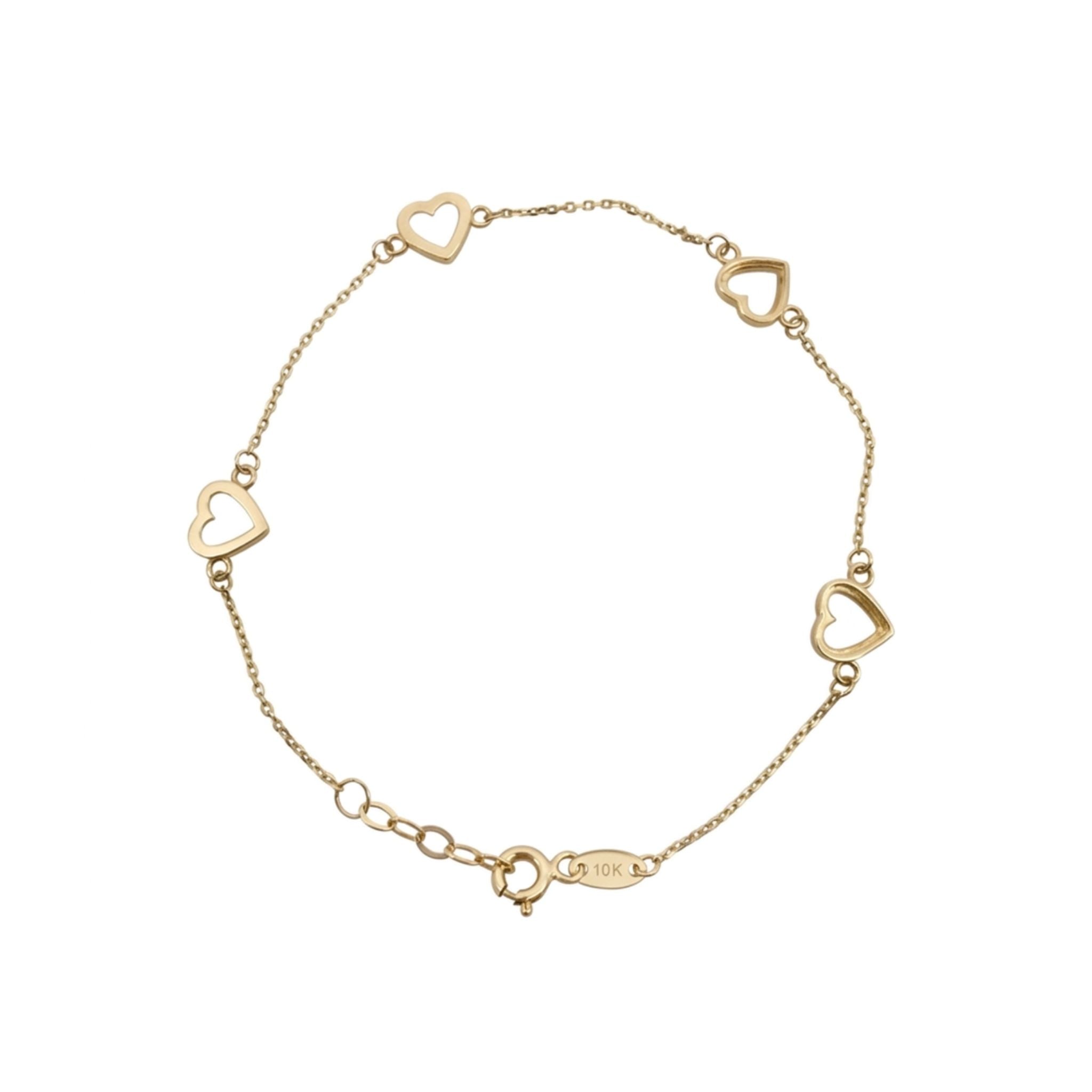 : Vista completa de la pulsera delicada de oro 10K con corazones abiertos.