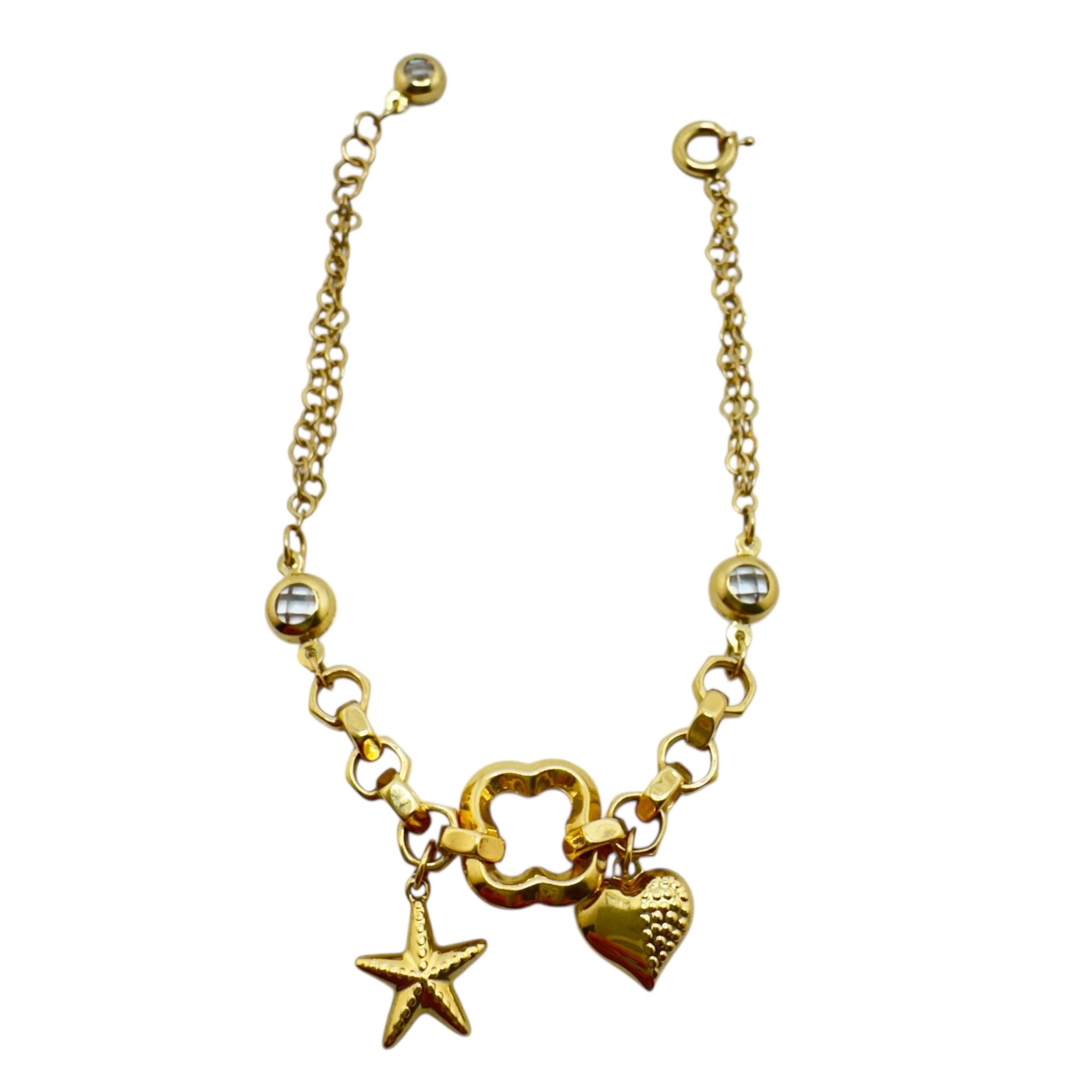 Pulsera de Oro 14K con corazón y estrella decorativos de TuOro, diseño juvenil con dijes en oro amarillo.