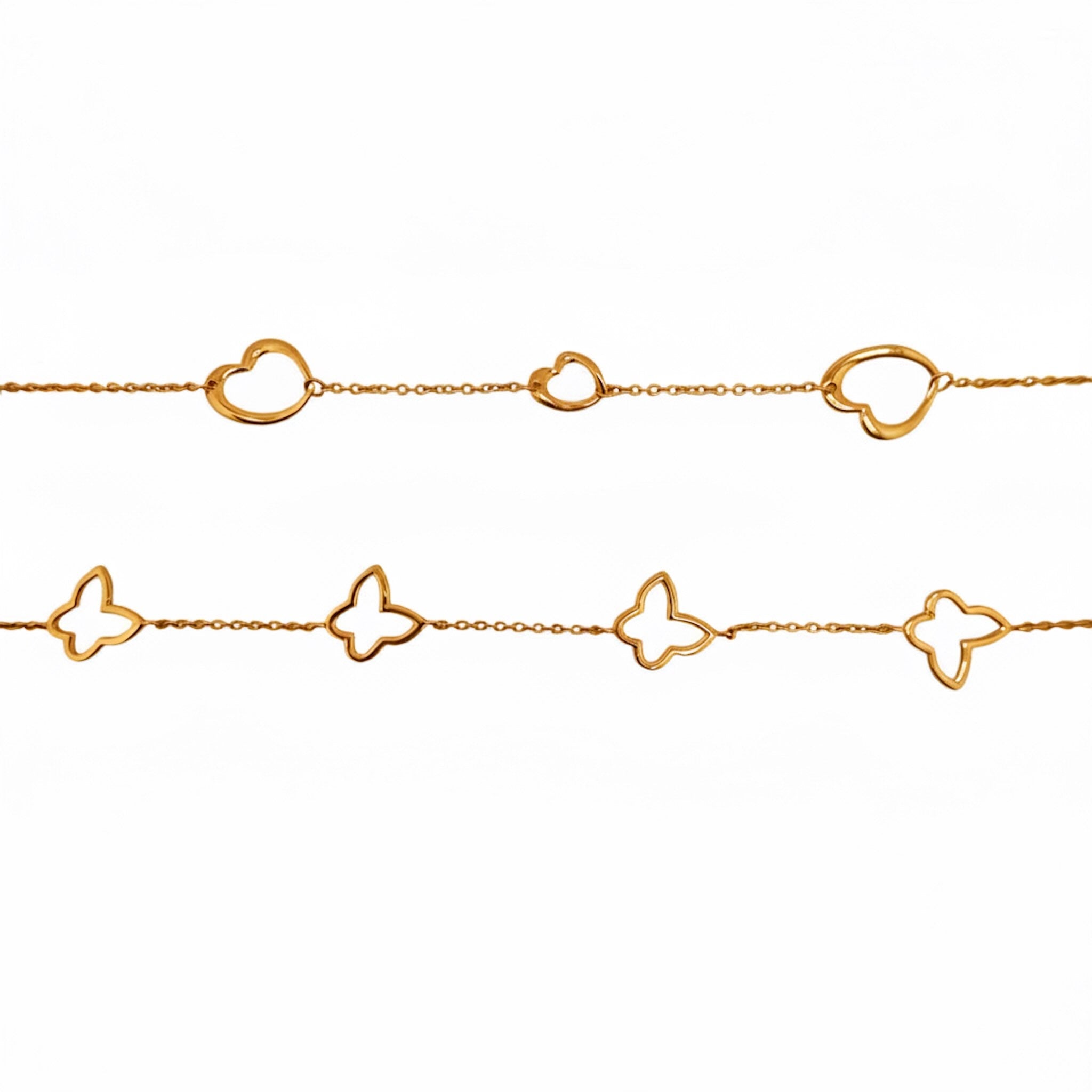 Pulsera de Oro 14K con mariposa y corazón integrados TuOro sobre fondo blanco