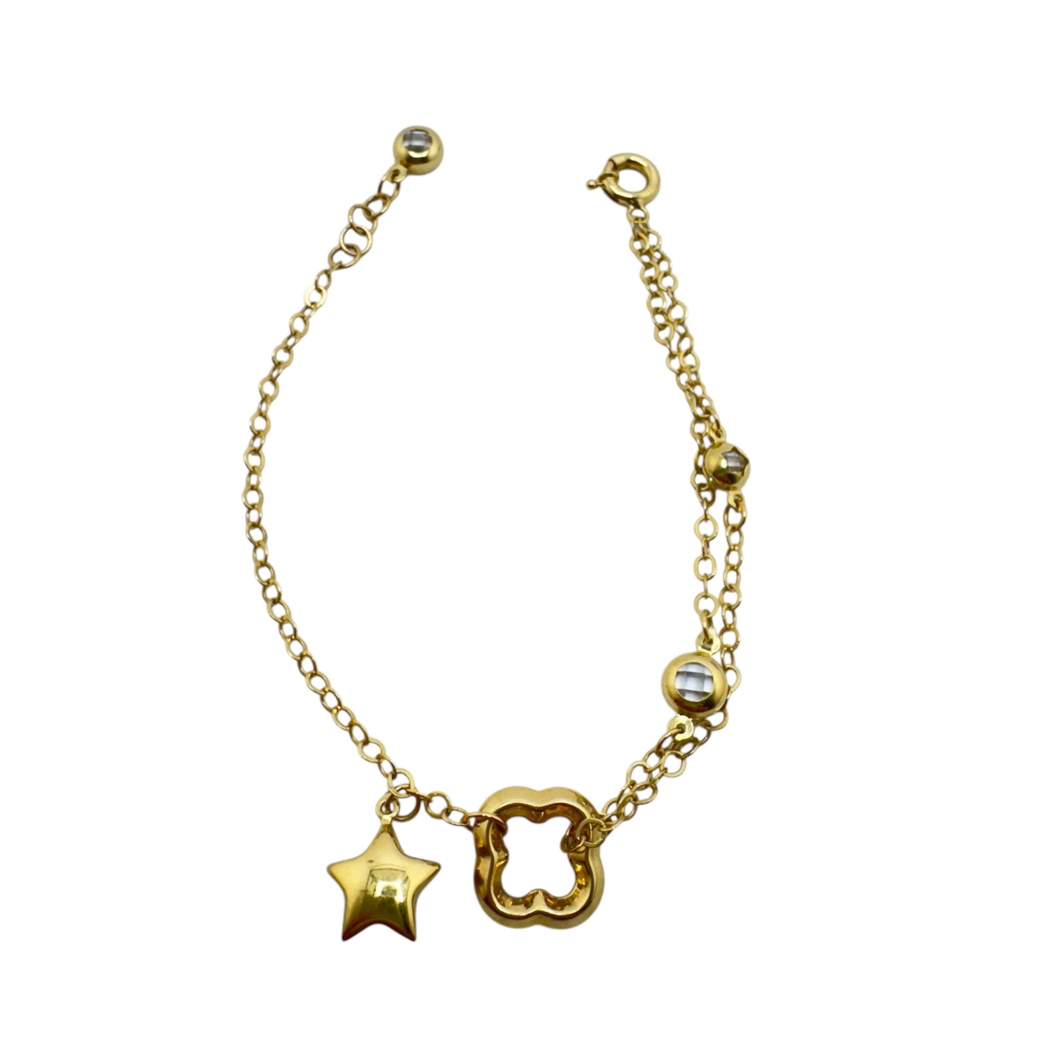 Pulsera de Oro 14K con trébol y estrella decorativos de TuOro, diseño equilibrado con dijes simbólicos.