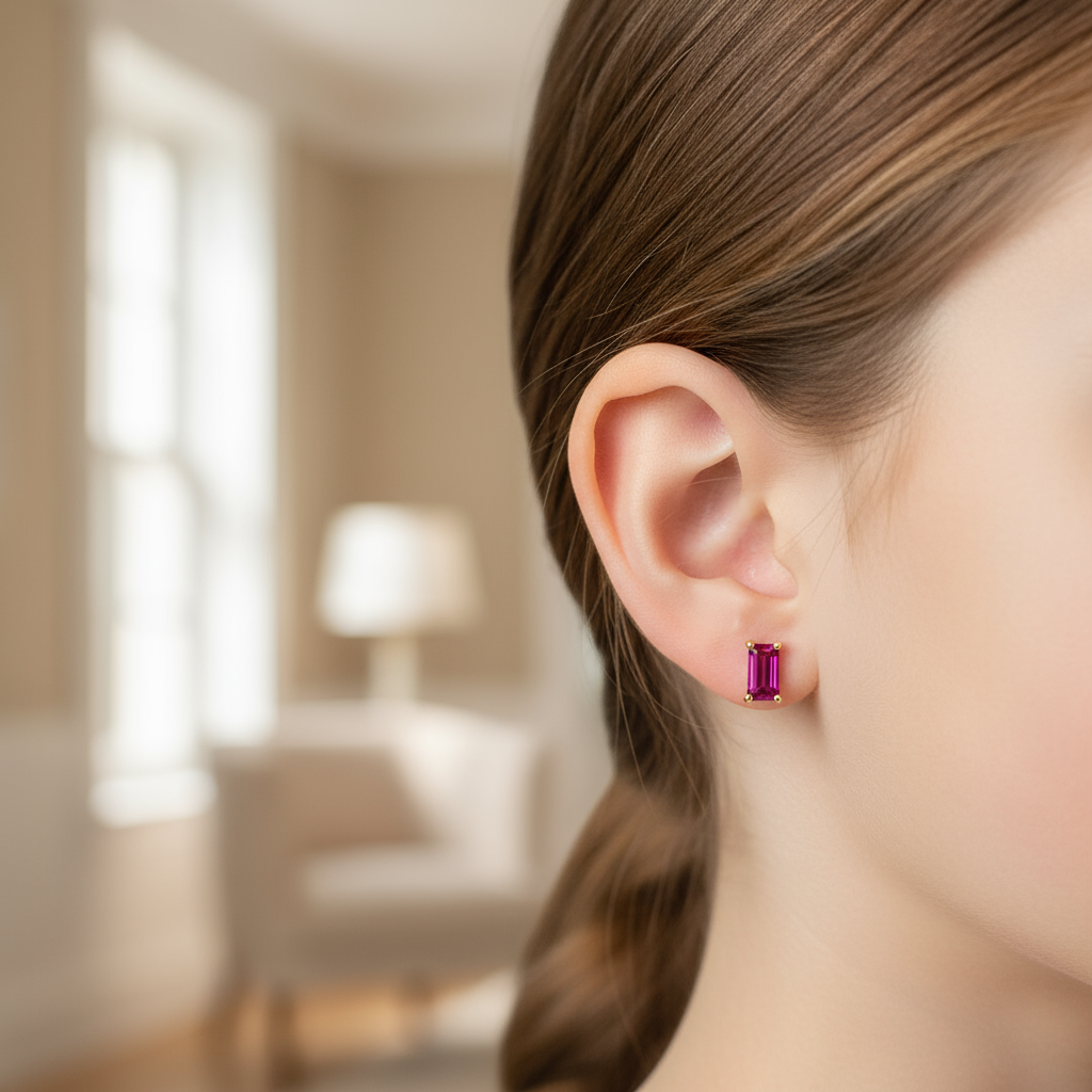 Aretes con piedra rubí corte esmeralda en Oro amarillo 18K con cierre de mariposa❤️✨