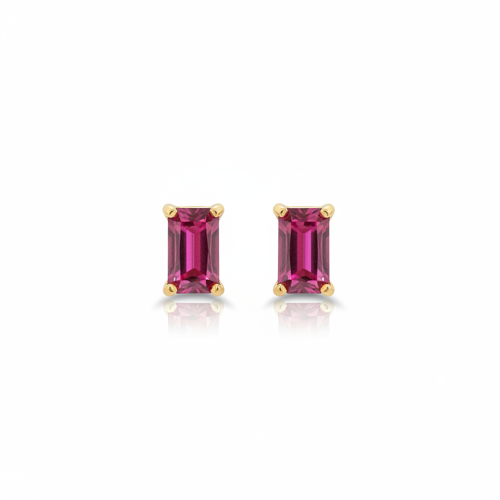Aretes con piedra rubí corte esmeralda en Oro amarillo 18K con cierre de mariposa❤️✨