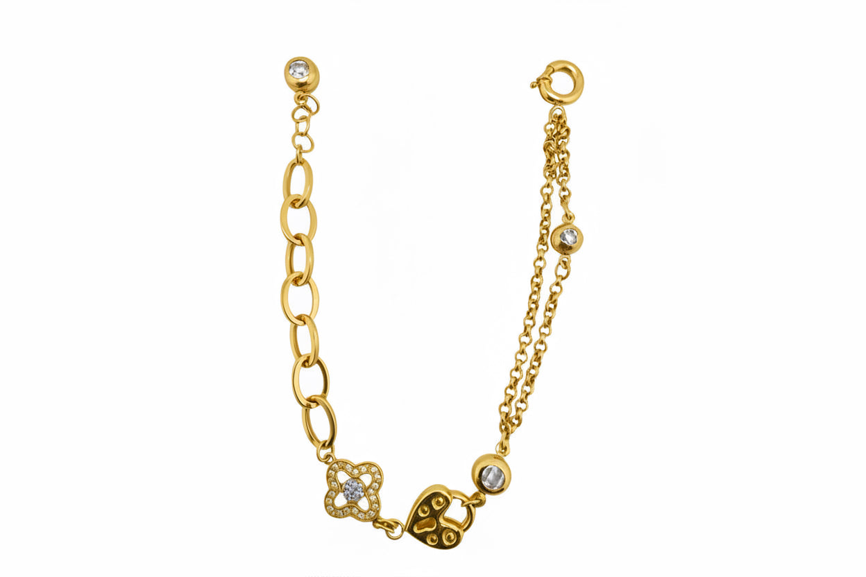 Pulsera Rolo en Oro 14K con trébol y candado