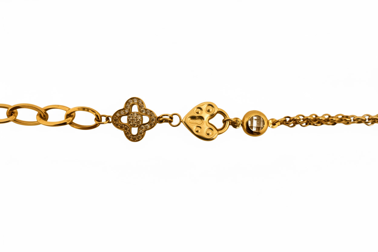 Pulsera Rolo en Oro 14K con trébol y candado
