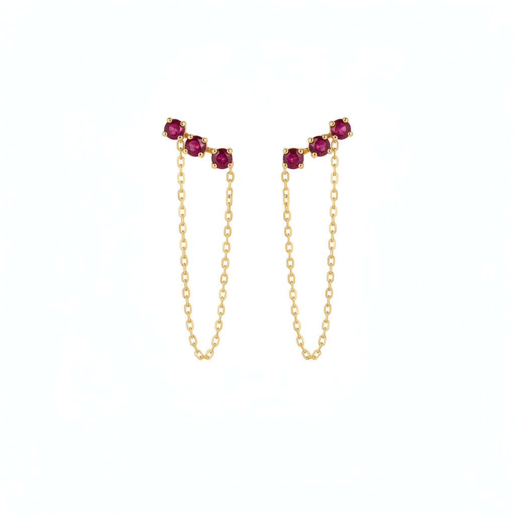 Aretes dobles con rubí genuino y cadena en Oro amarillo 18K 💛❤️✨