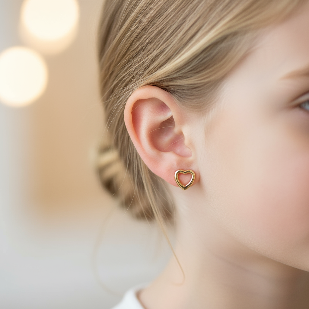 Aretes corazón abierto en oro amarillo 18K con cierre de tuerca 💛✨