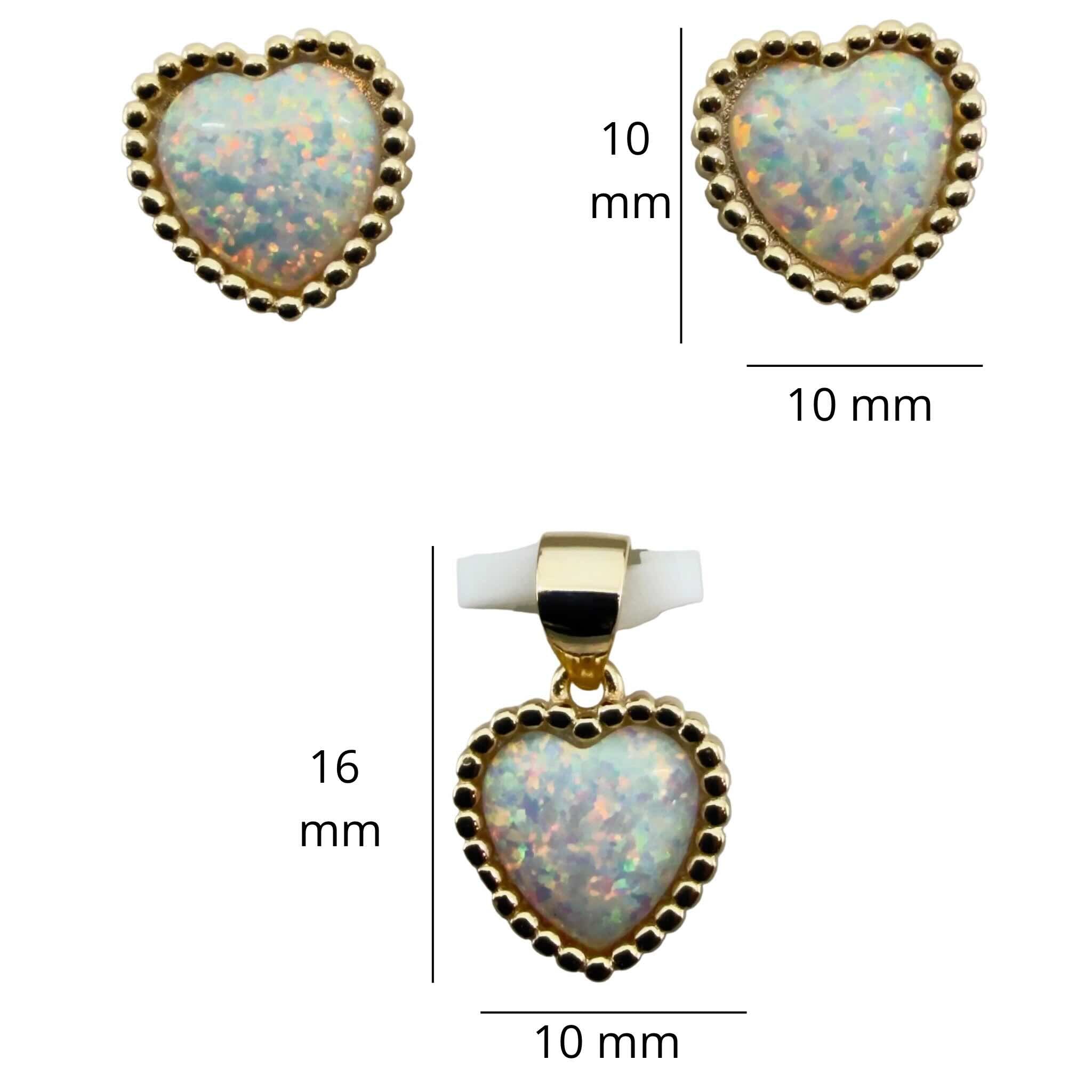 Set de Aretes y Dije en Plata 925 de TuOro con diseño de corazón en ópalo iridiscente y dimensiones del conjunto.