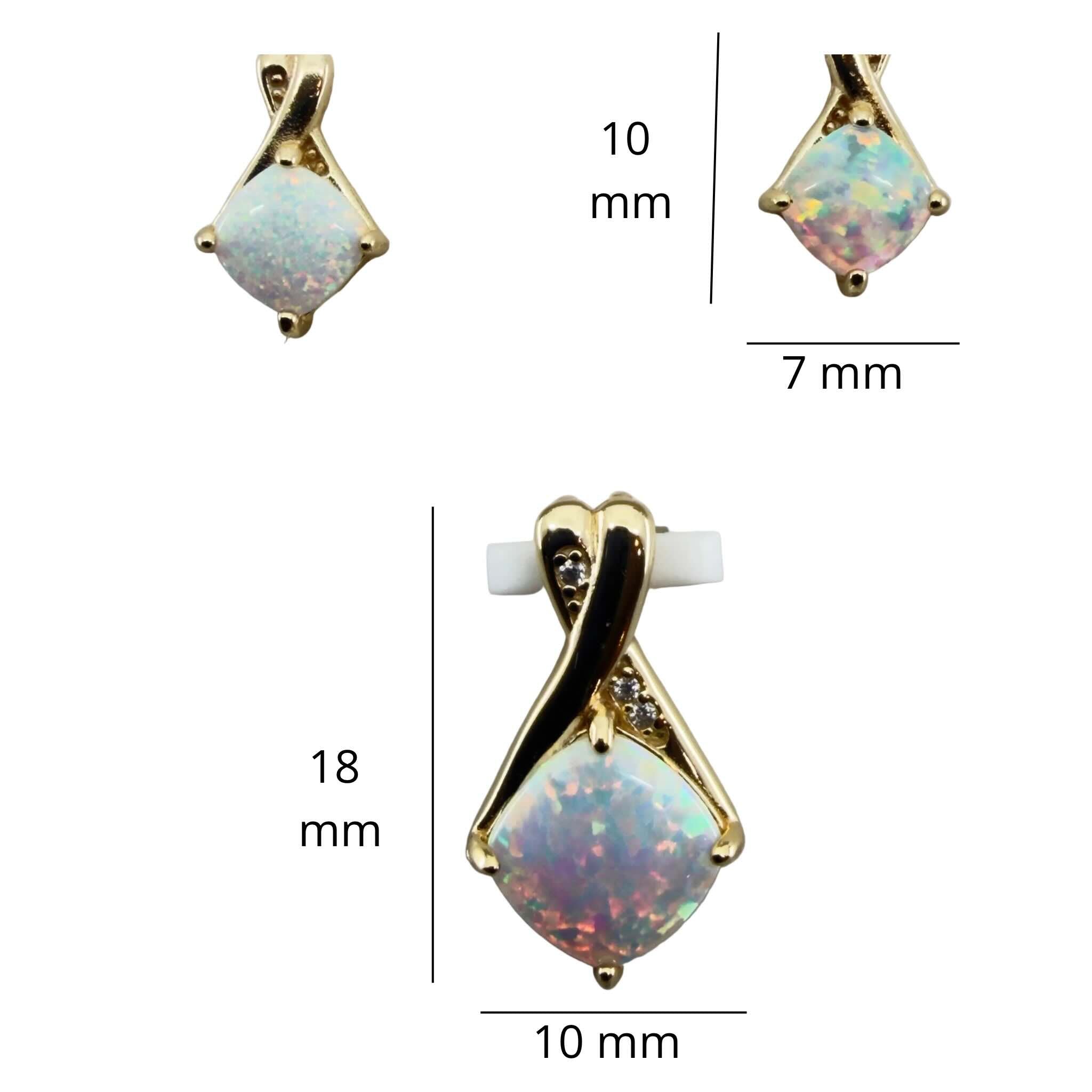 Set de Aretes y Dije en Plata 925 de TuOro con ópalo iridiscente y medidas informativas del dije y los aretes.