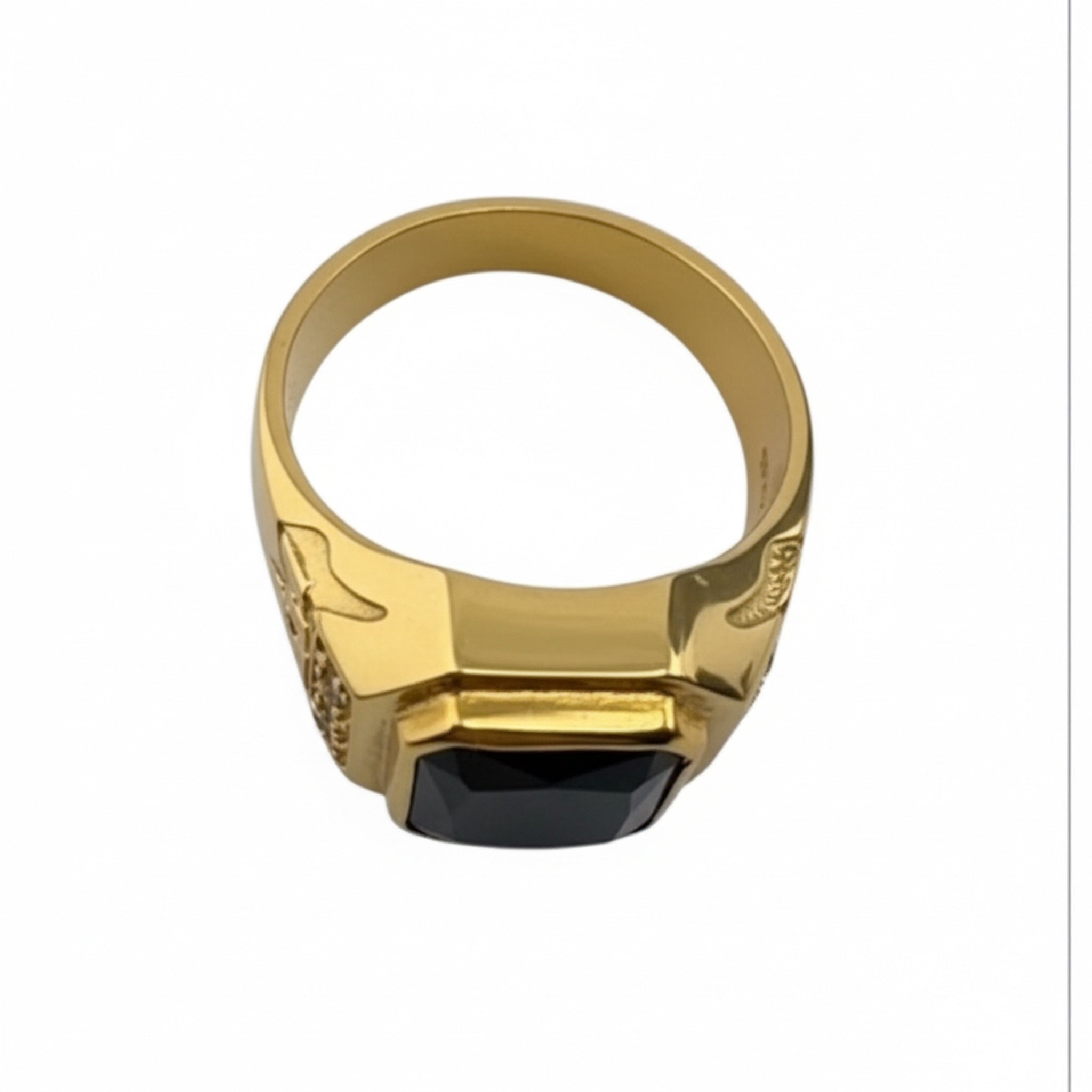 Sortija de hombre en Oro 14K con circonia negra de 10x12 mm vista lateral frontal – TuOro